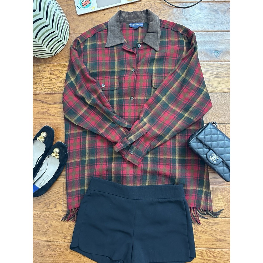 VTG Breeches 100% Wool Plaid Shirt Jacket Womens L Suede Collar Fringe USA Made